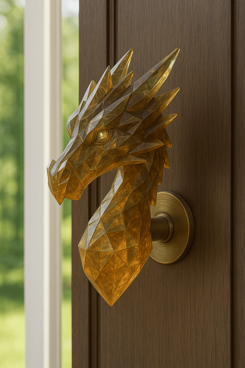 Luxury amber gold dragon head door handle with crystal facets mounted on a brass base.