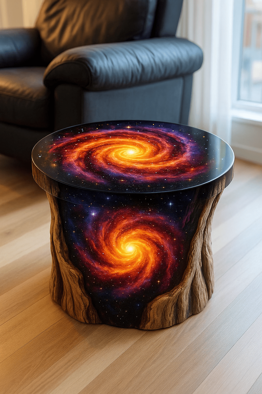 Round wooden coffee table with glowing orange galaxy design in a modern living room