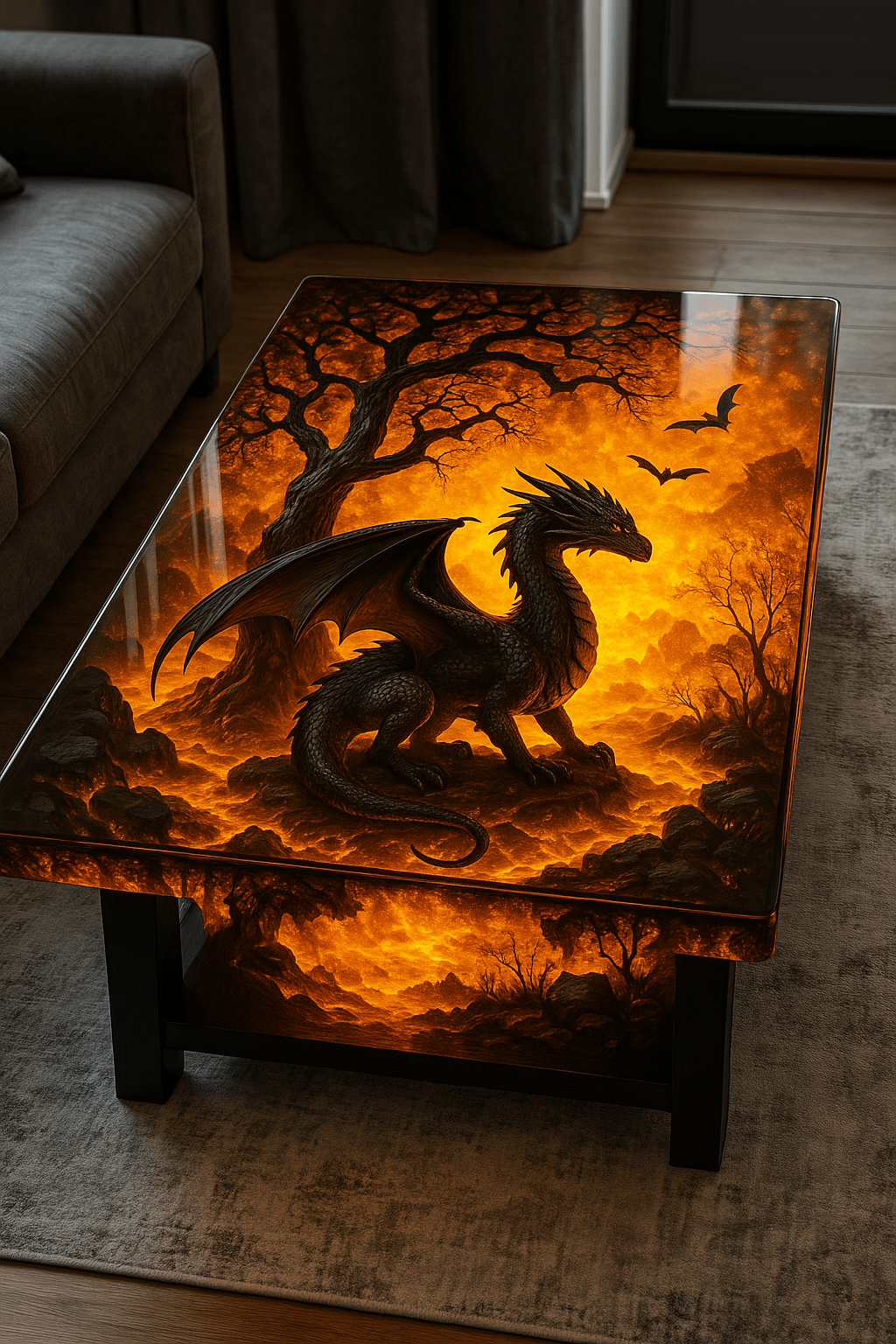 Dragon-themed table illuminated with fiery orange resin light, featuring forest and bat designs under glass surface.