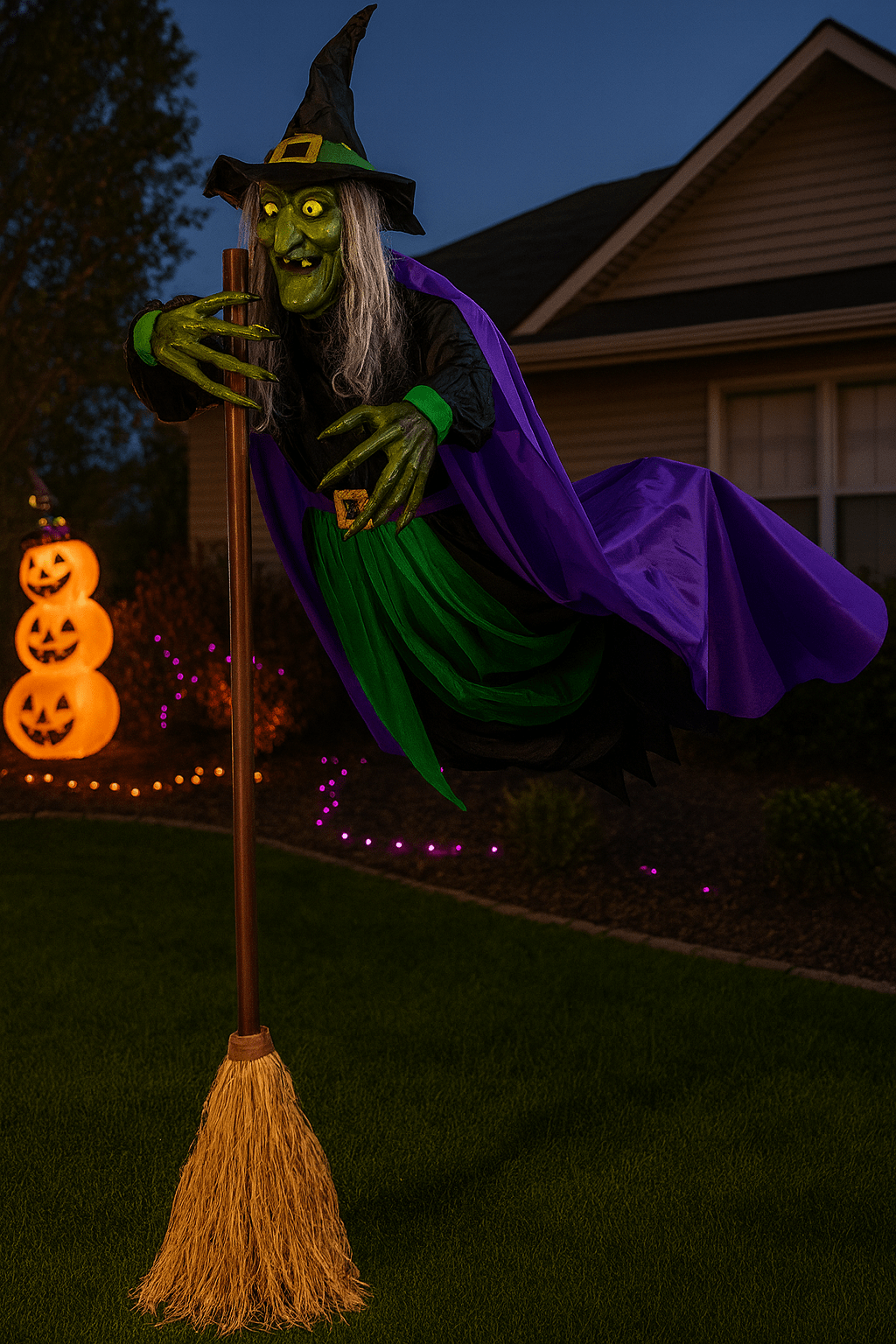 Green-faced witch decoration flying on a broomstick with a purple cloak in a garden at night
