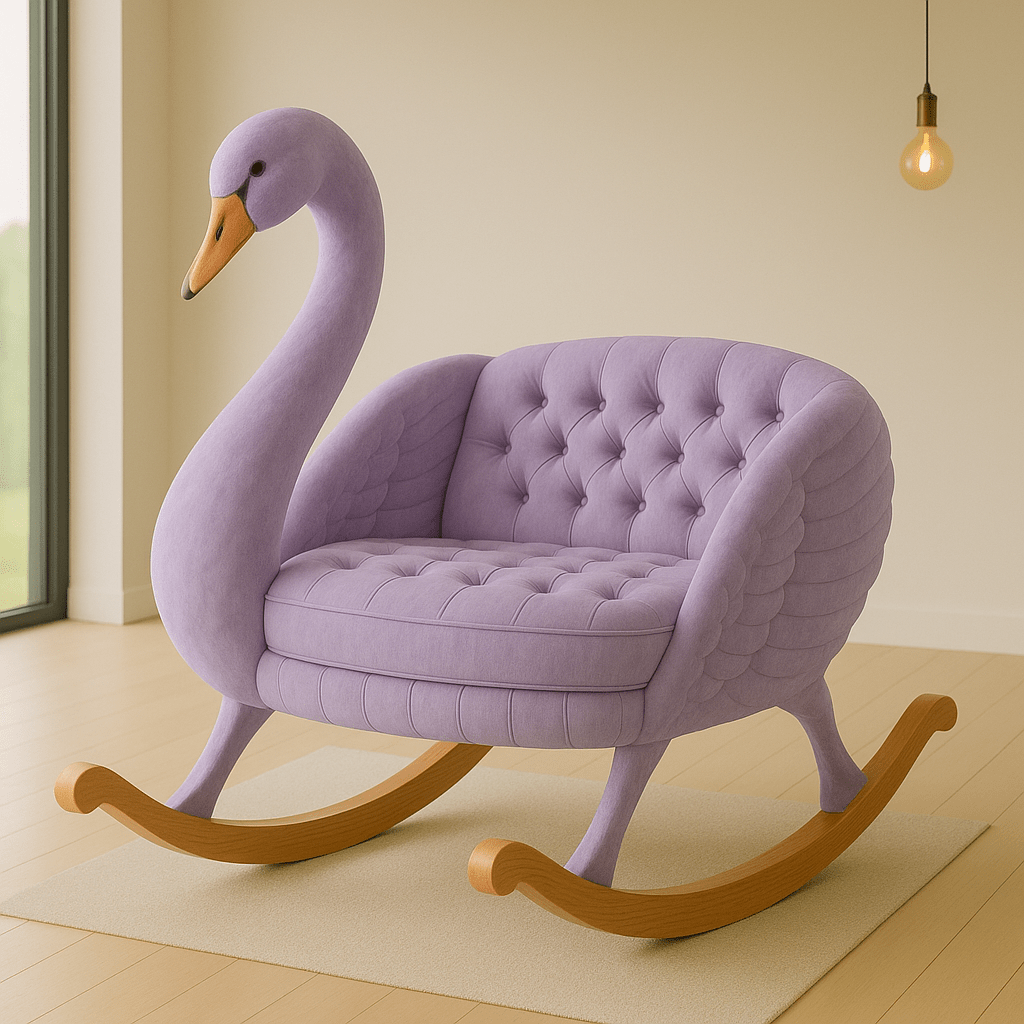 Lilac swan-shaped rocker chair with tufted upholstery and wooden rockers in a minimalist living space
