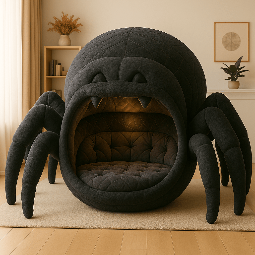 Oversized black spider sofa with padded interior and curved legs, perfect for bold modern interiors.