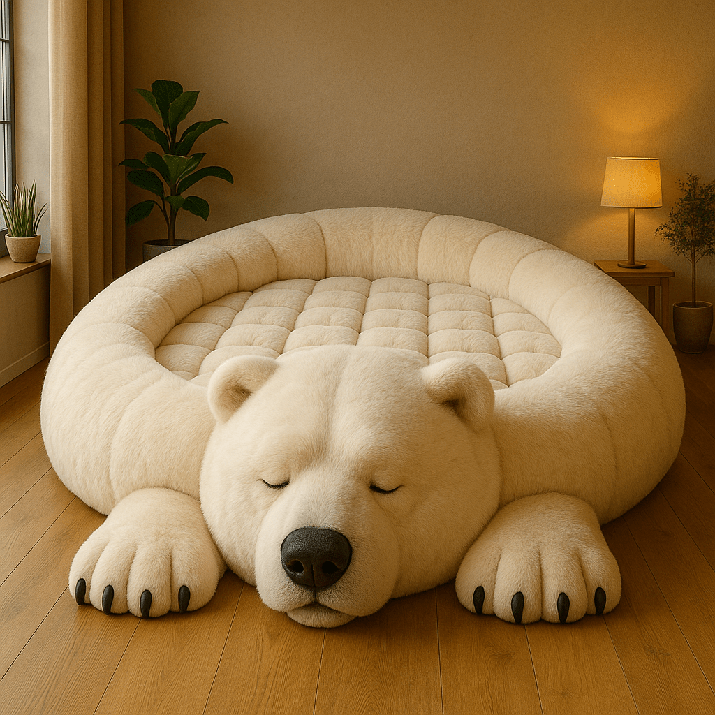 Oversized cream polar bear-shaped bed with soft faux-fur finish in a warm modern bedroom.