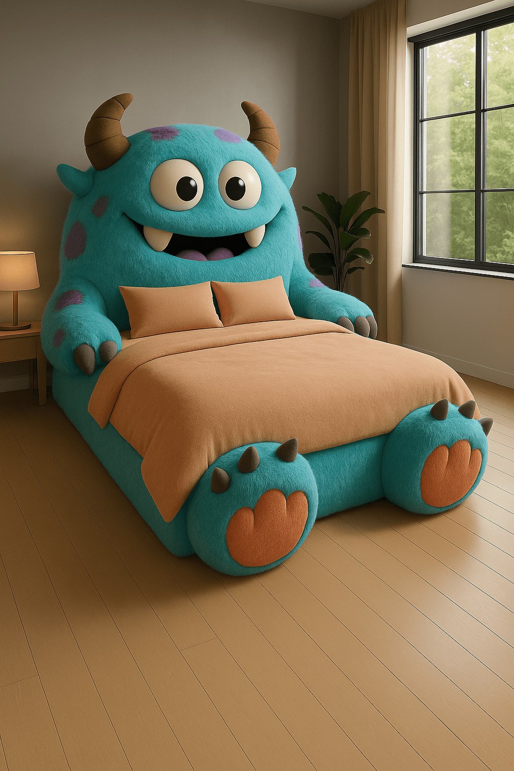 Plush turquoise monster bed with orange bedding and horns in a modern bedroom