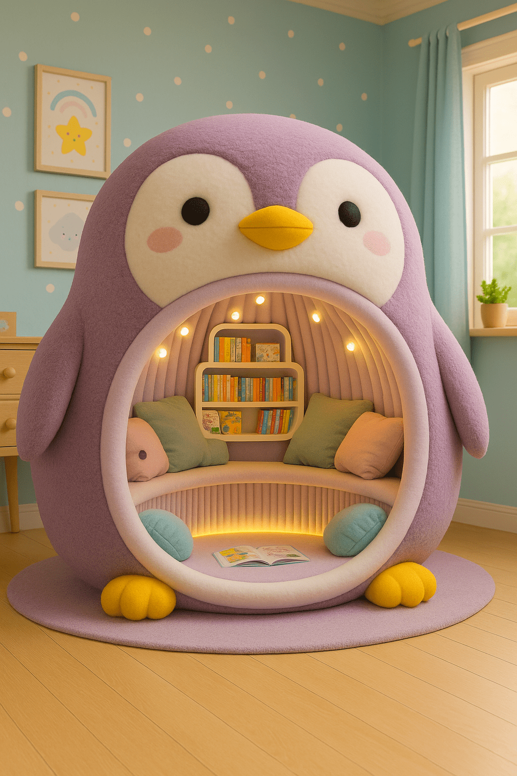 Cosy lavender penguin-shaped reading pod with bookshelves and cushions in a pastel children’s bedroom