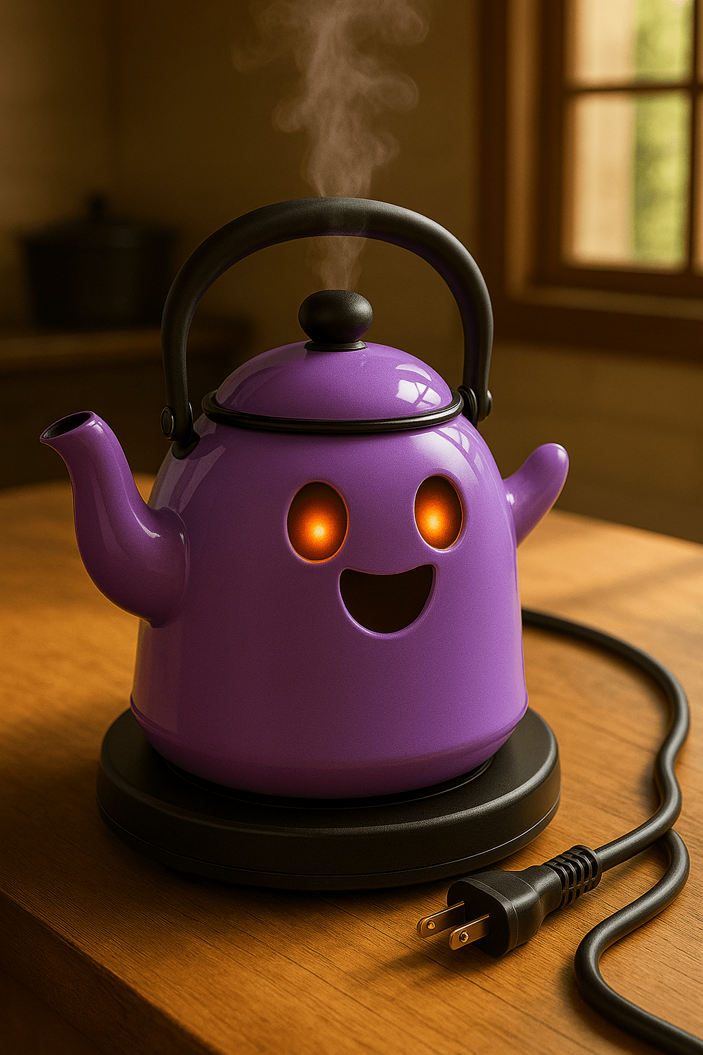 Purple ghost-shaped kettle with glowing eyes and a happy face emitting steam on a wooden table.