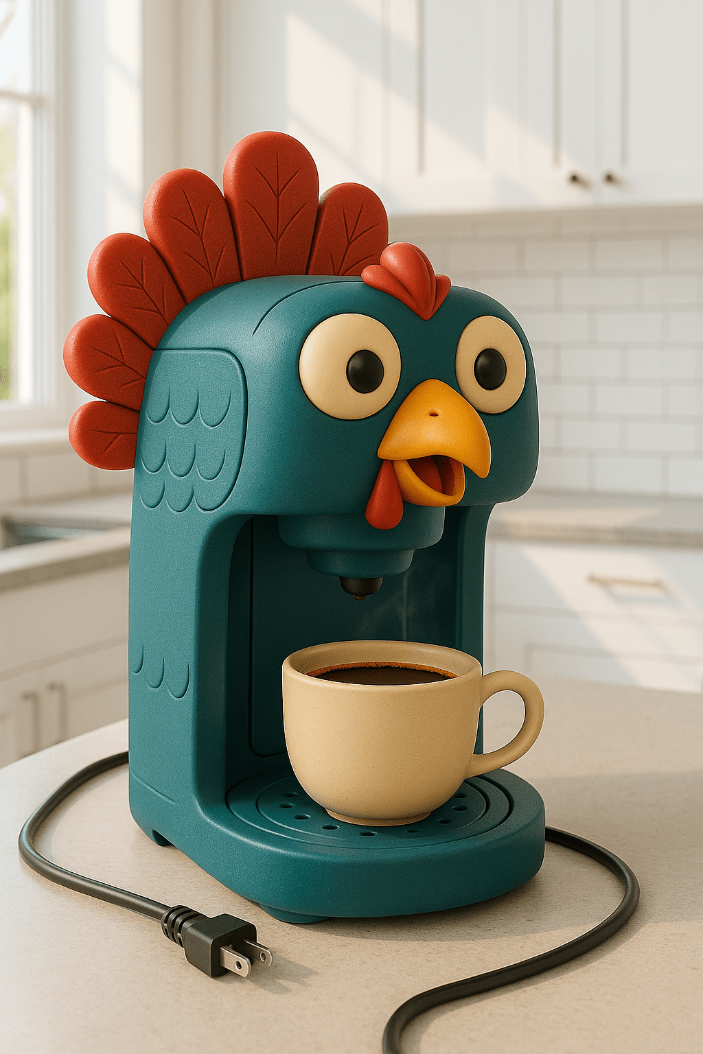 Teal turkey-themed coffee maker with red crest and yellow beak dispensing coffee into a beige mug.