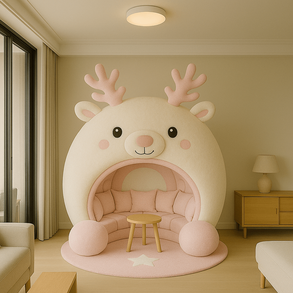 Soft pink reindeer pod chair with antlers and round cushioned interior in a light living room