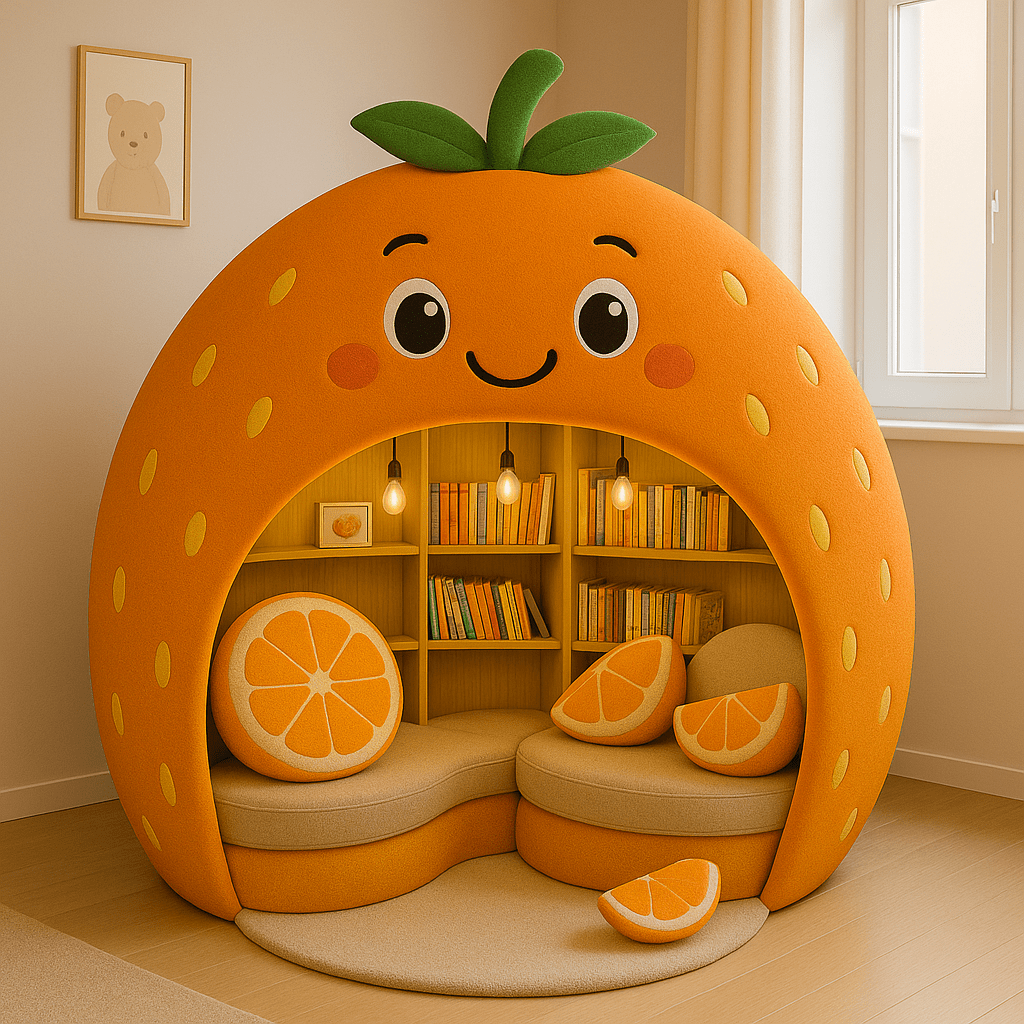 Cosy orange-shaped children’s reading pod with slice cushions and soft lighting.