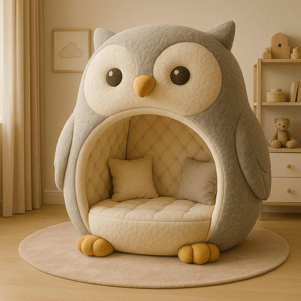 Soft grey and cream owl reading zone with plush seating and cosy neutral tones for a family reading corner.