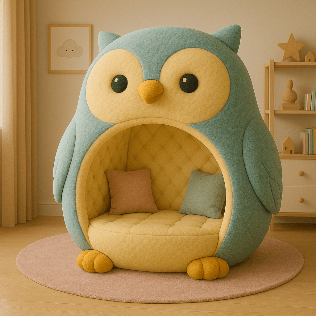 Playful teal and yellow owl with quilted interior and soft cushions for a children’s room.