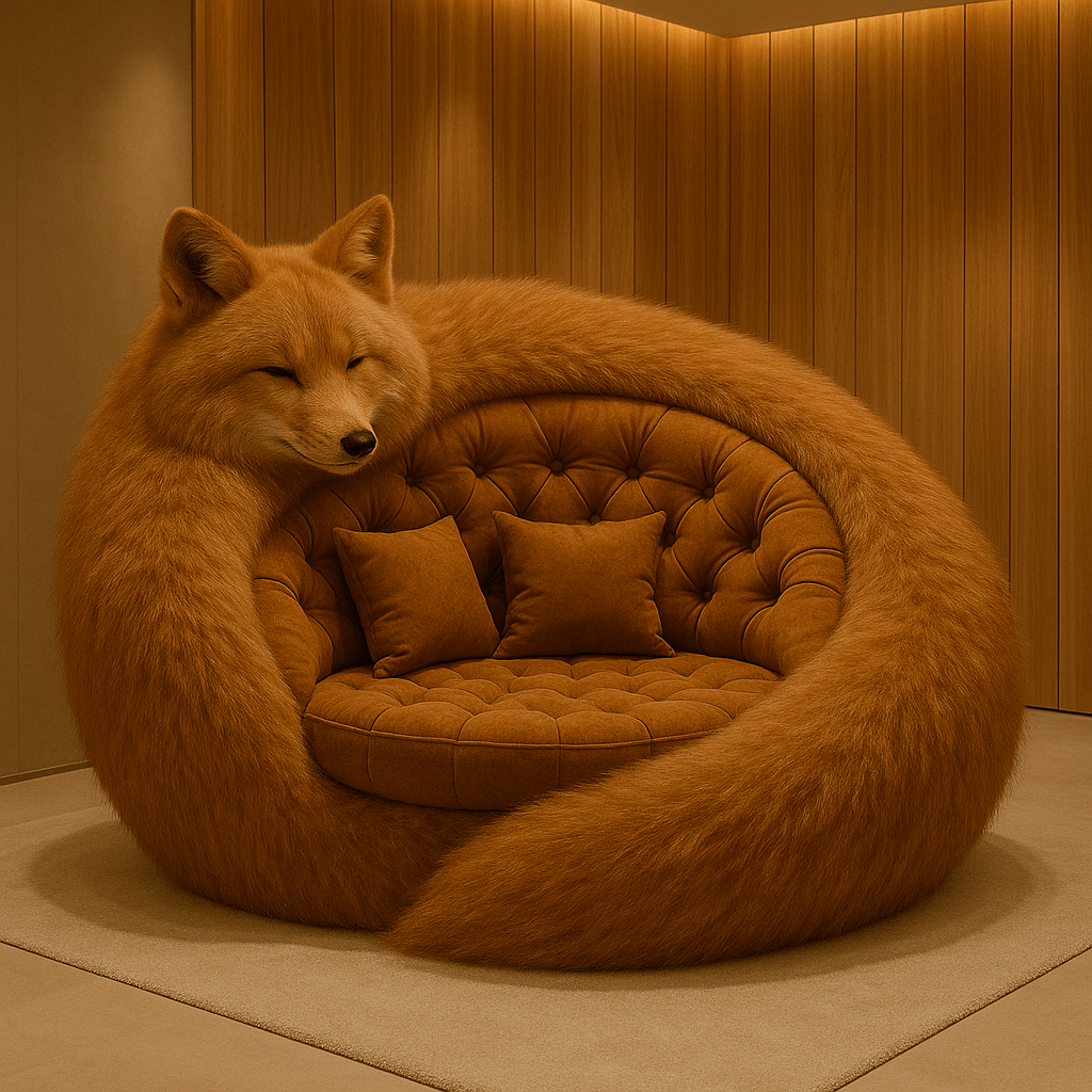 Large amber fox-shaped pod chair with tufted upholstery in a warm modern living room