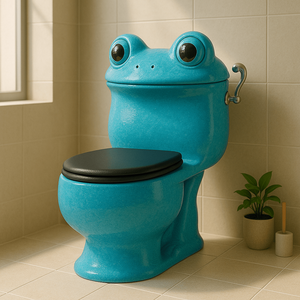 Bright blue frog-shaped toilet with black seat in tiled modern bathroom