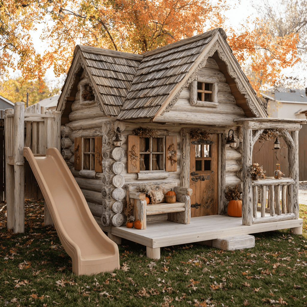 Wooden log playhouse decorated with pumpkins and flowers on a crisp autumn day.