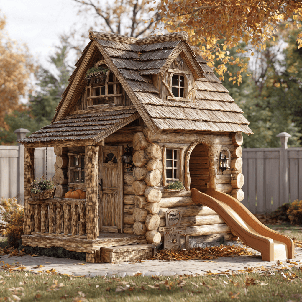 Wooden log cabin-style playhouse featuring a front porch, slide, and rustic details in an autumn garden.