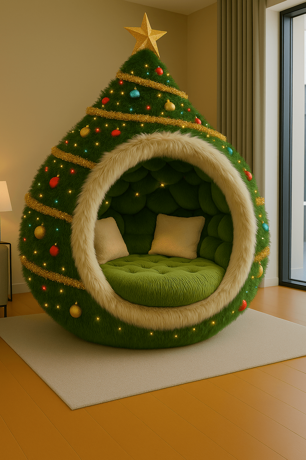 Green armchair with tinsel, ornaments, and warm fairy lights in a cosy room.