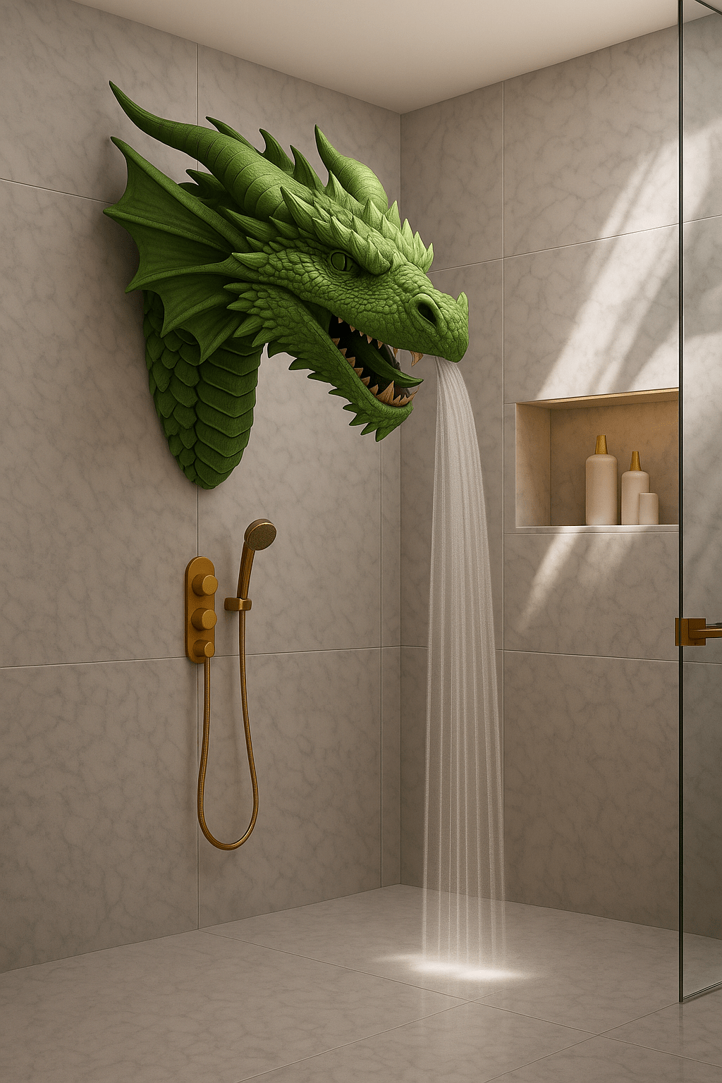 Green dragon-shaped shower head with water flowing from the mouth in a modern marble bathroom.