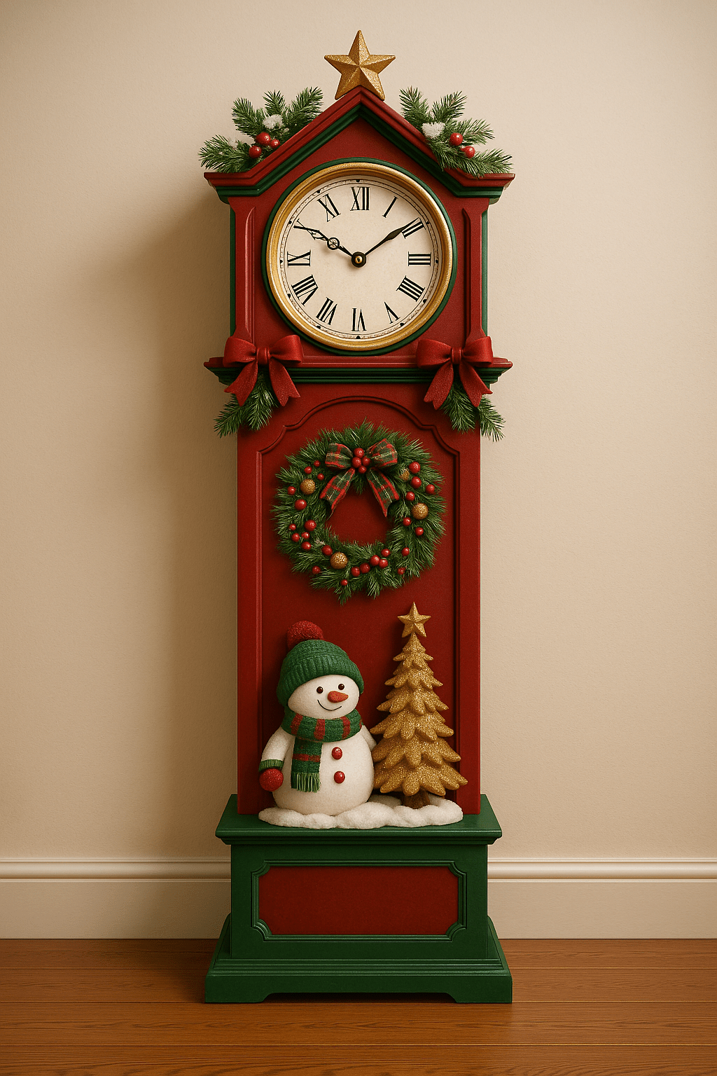 Festive red and green grandfather clock with snowman, golden tree, wreath, and holiday decorations.