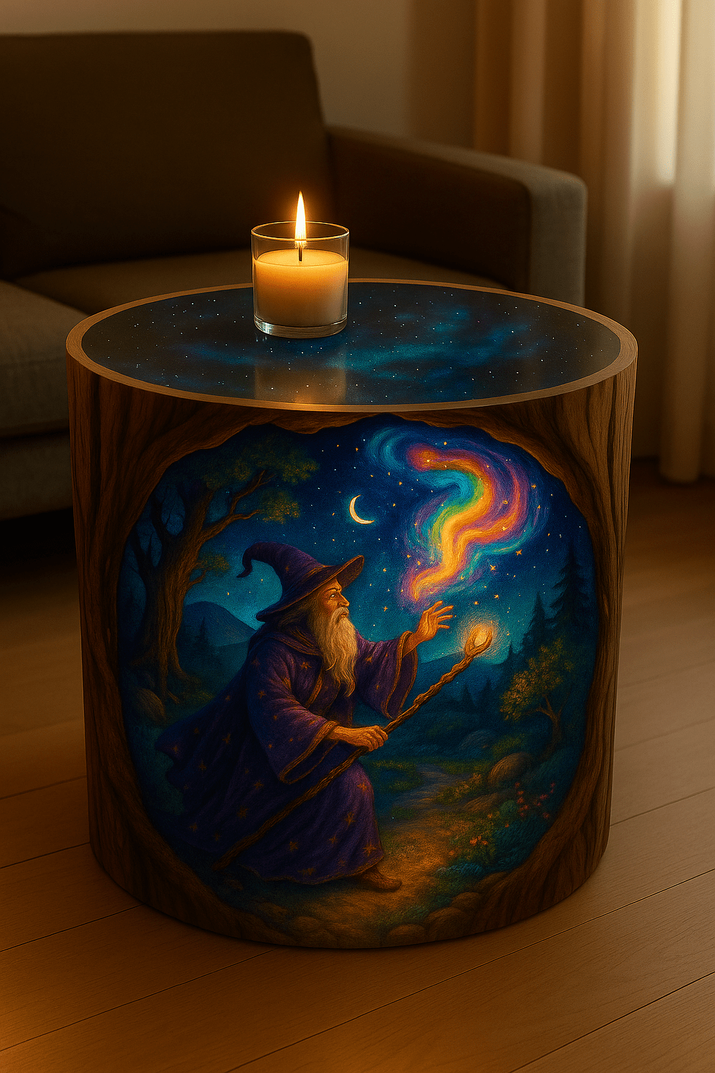 Enchanted table depicting a wizard casting rainbow magic under a crescent moon in a glowing forest.