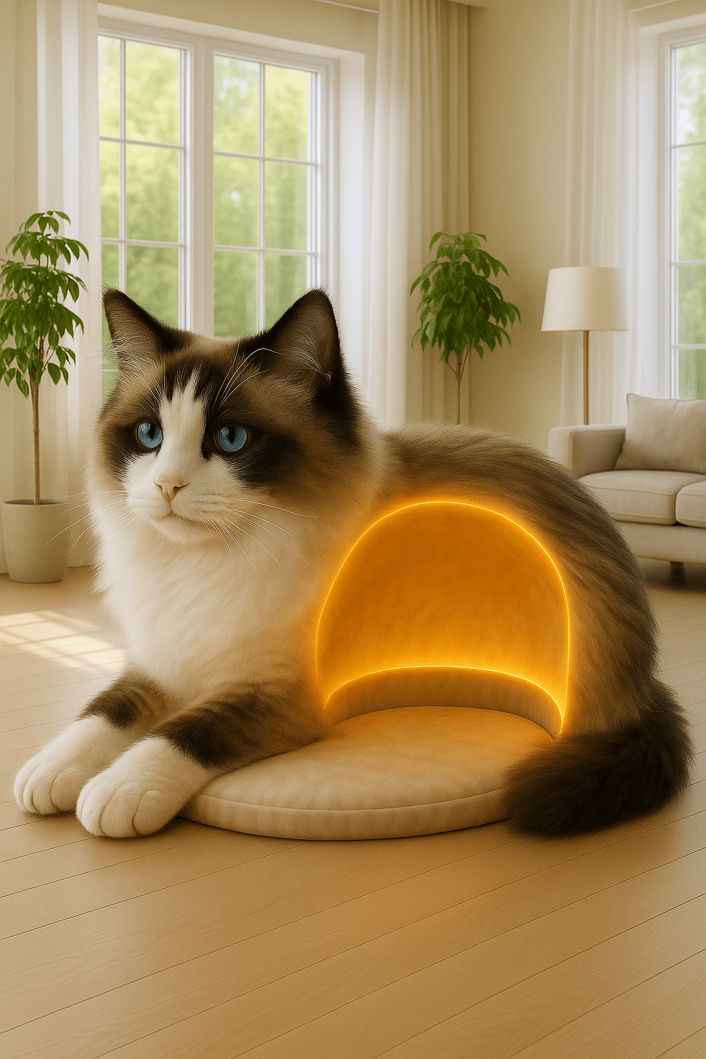 Fluffy ragdoll-style cat cave bed featuring a warm LED-lit sleeping arch.