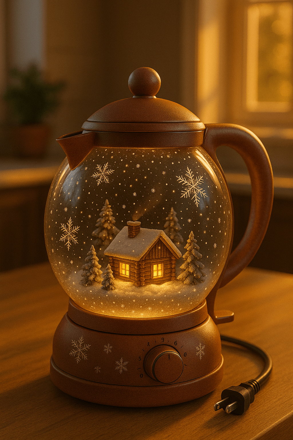 Copper-toned snowglobe kettle with illuminated winter cabin and snowflake patterns.