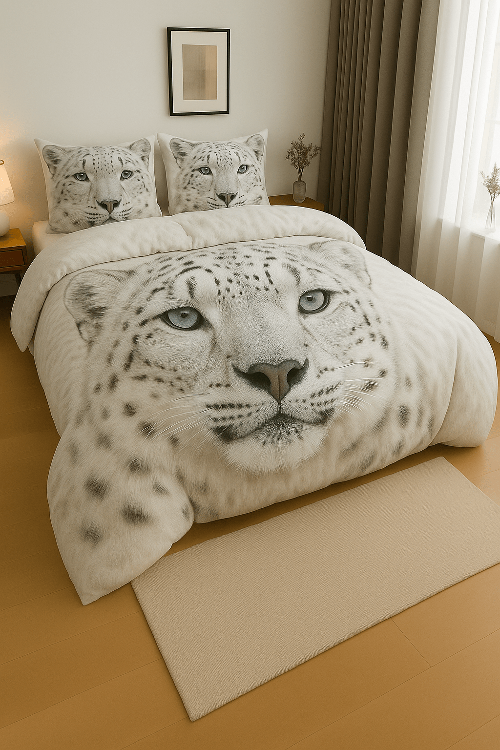 White snow leopard bedding set with realistic feline print in minimalist bedroom décor