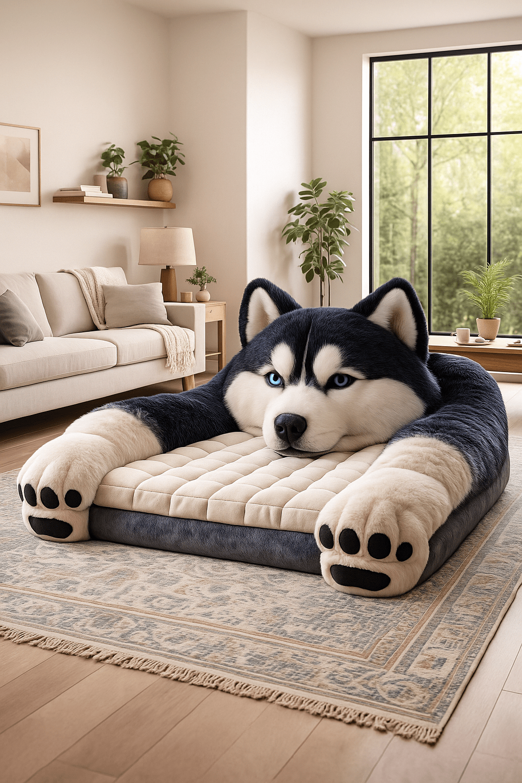 Large navy blue husky shaped plush lounger chair with extended paws in a bright living space