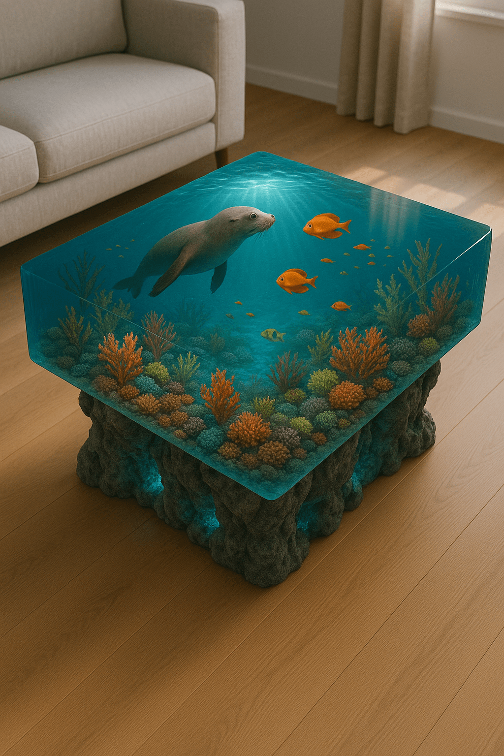 Ocean-style resin coffee table with a sea lion, orange fish, and vibrant coral reef details.