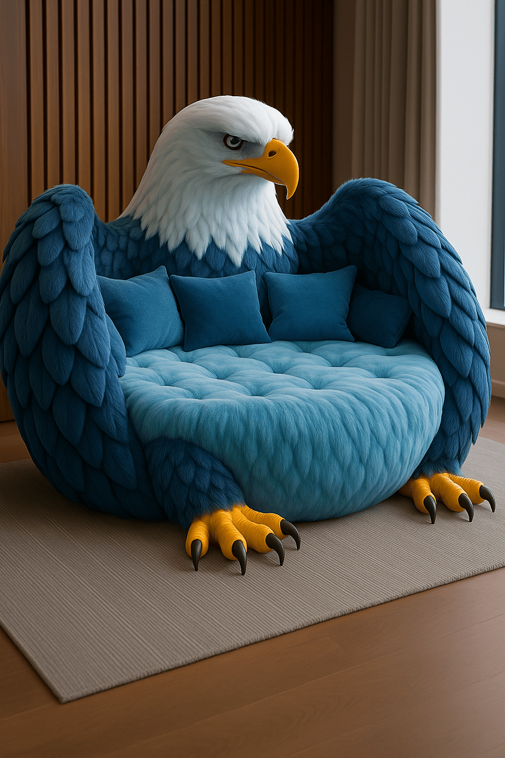 Blue armchair with lifelike textures and golden talons in a modern living space