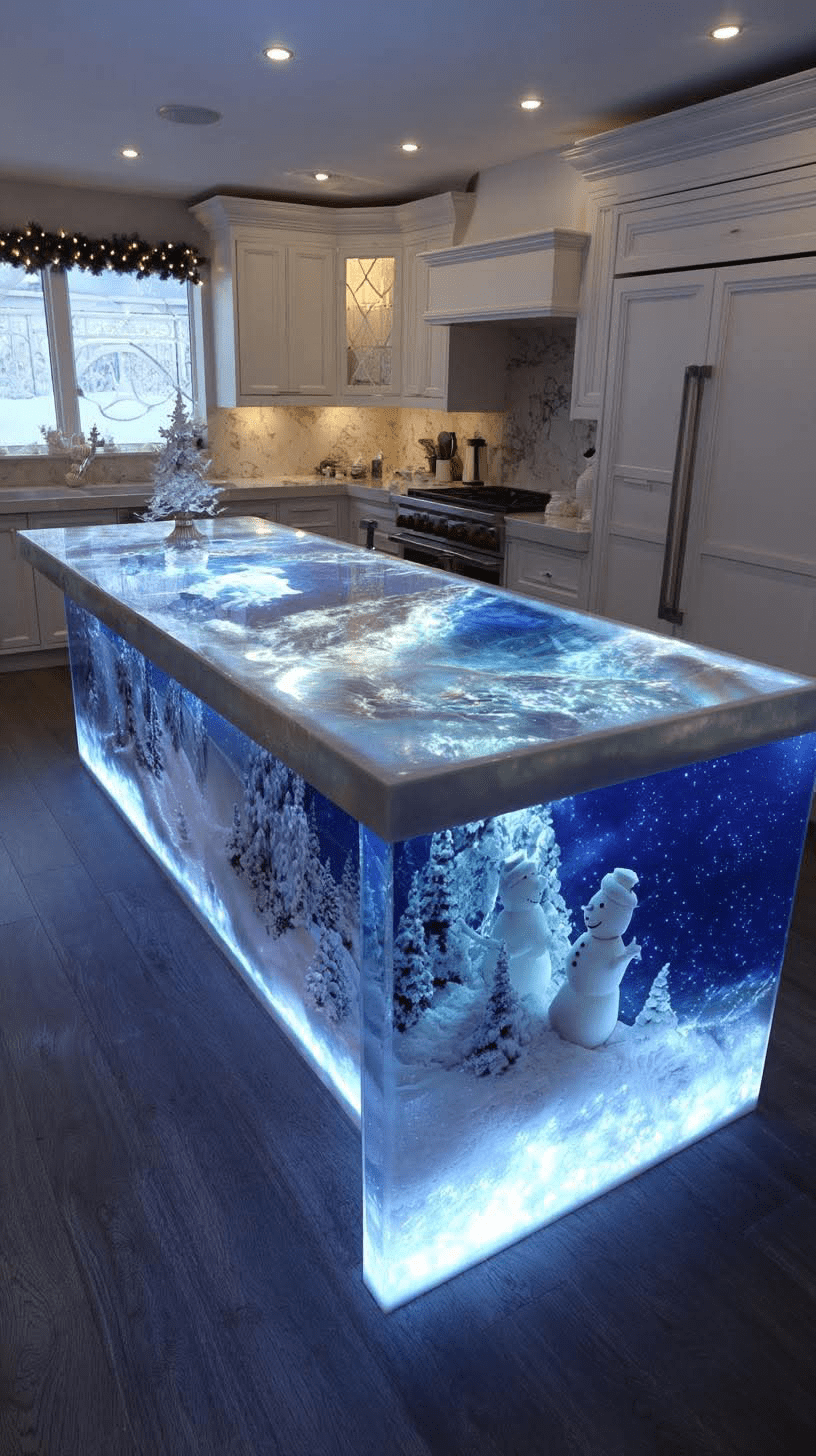 Illuminated kitchen island featuring snowmen, frosted trees, and bright winter lighting.