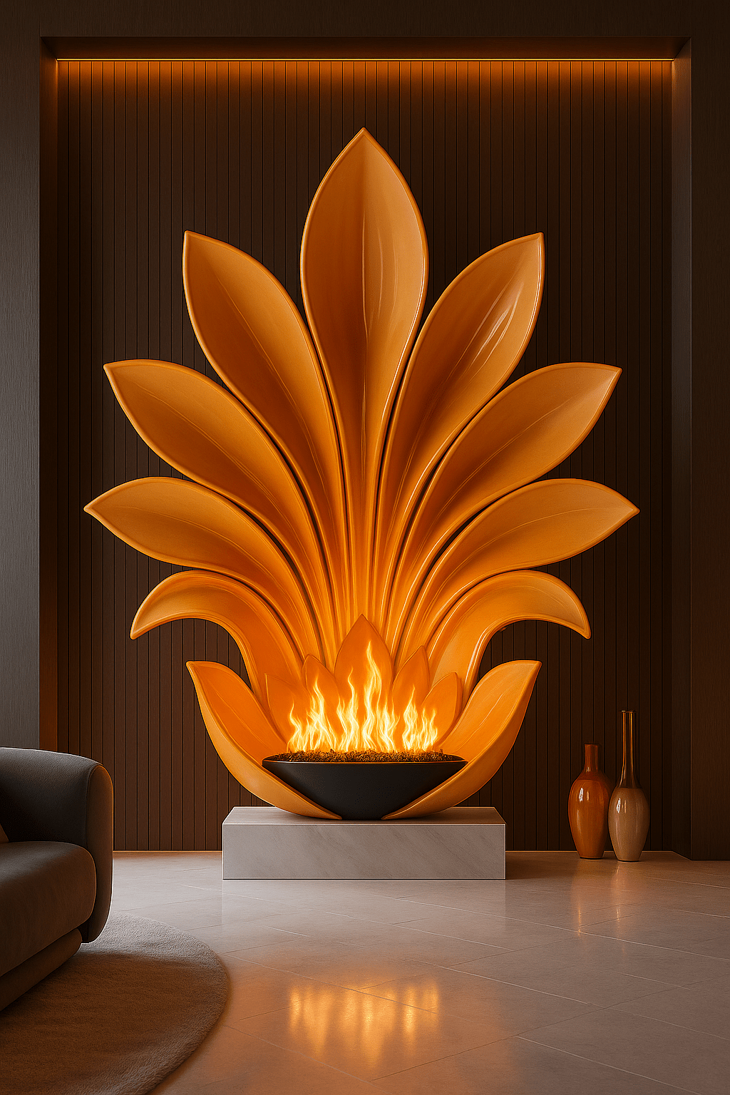 Burnt orange sculptural flame fireplace as a luxury feature wall centrepiece