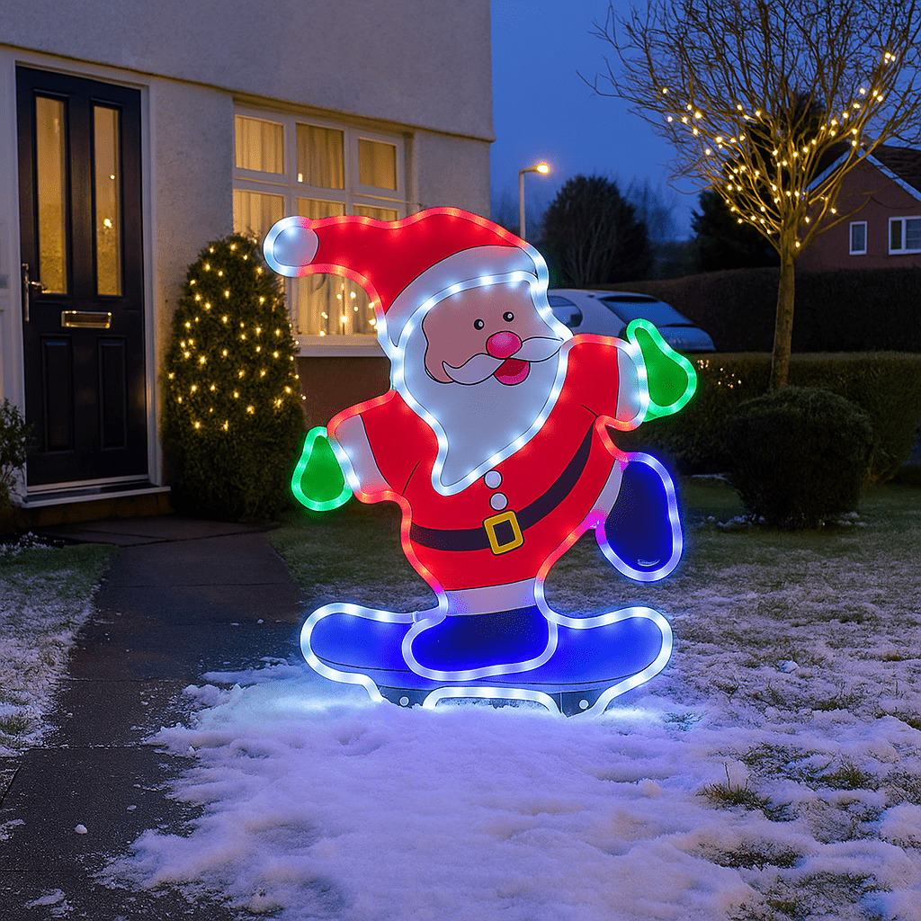 Illuminated Father Christmas outdoor decoration glowing in a snowy front garden at dusk.