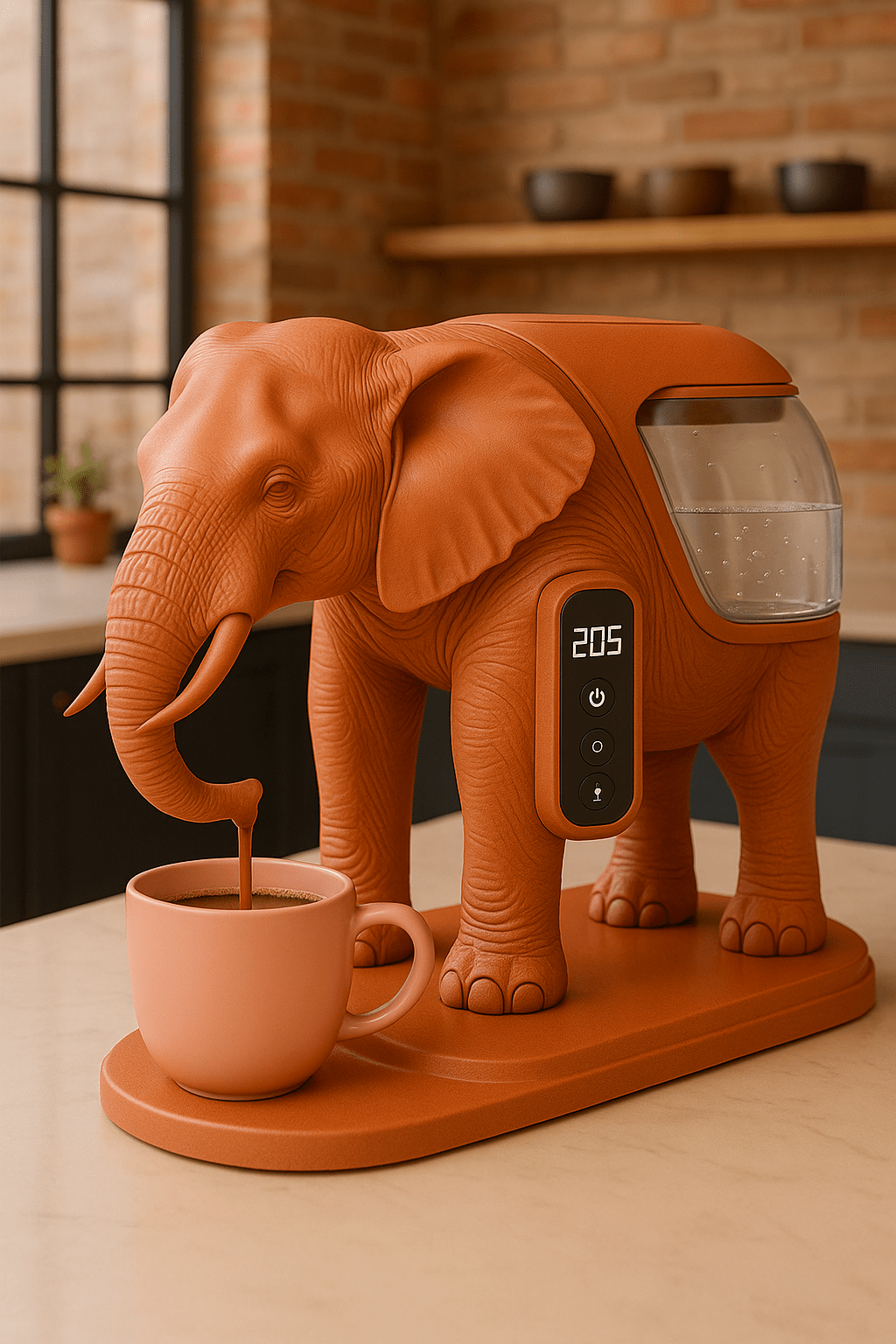 Orange elephant coffee machine brewing coffee into a matching cup on a light kitchen surface