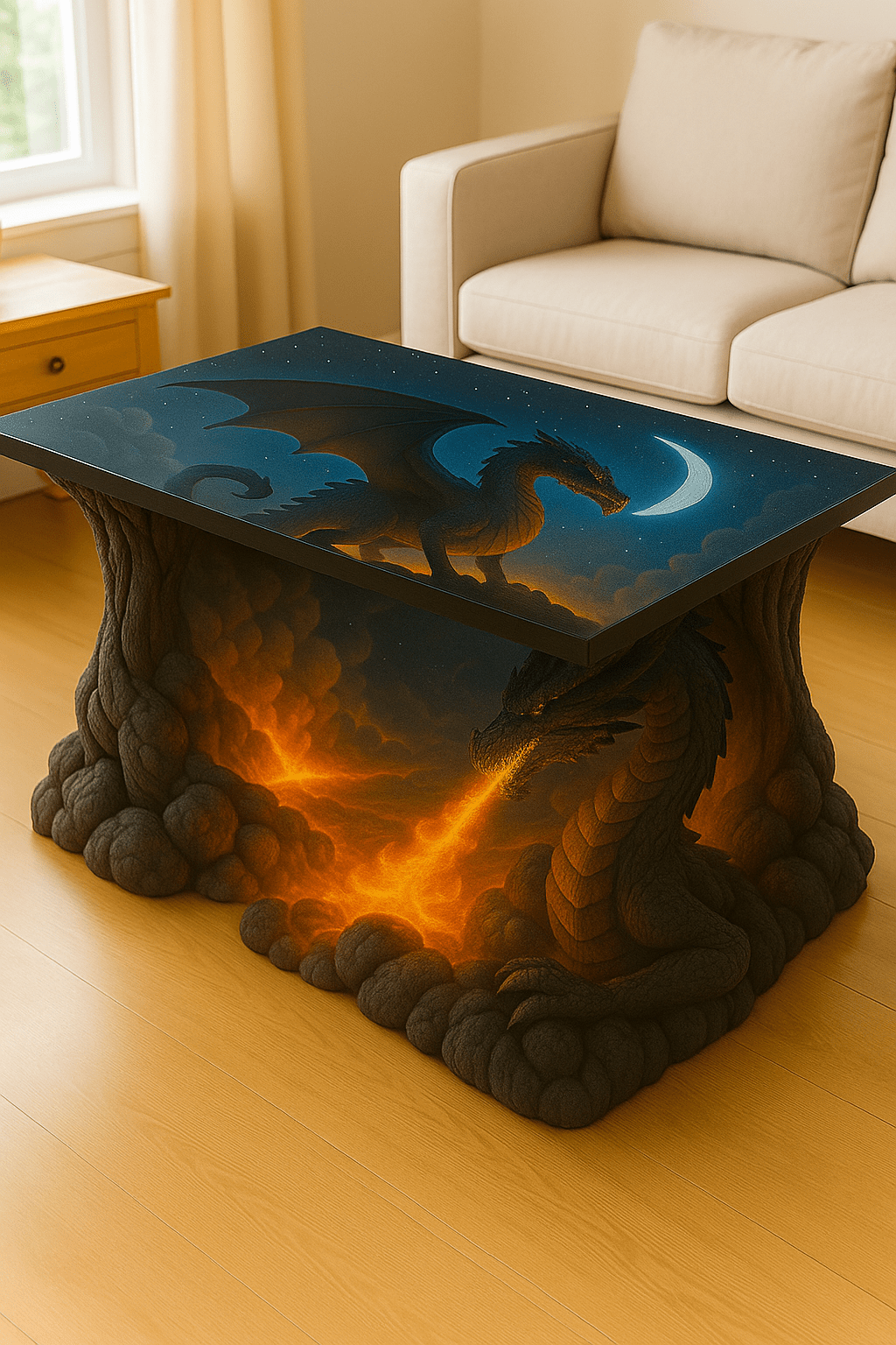 Sculpted dragon coffee table with molten lava base and night sky tabletop