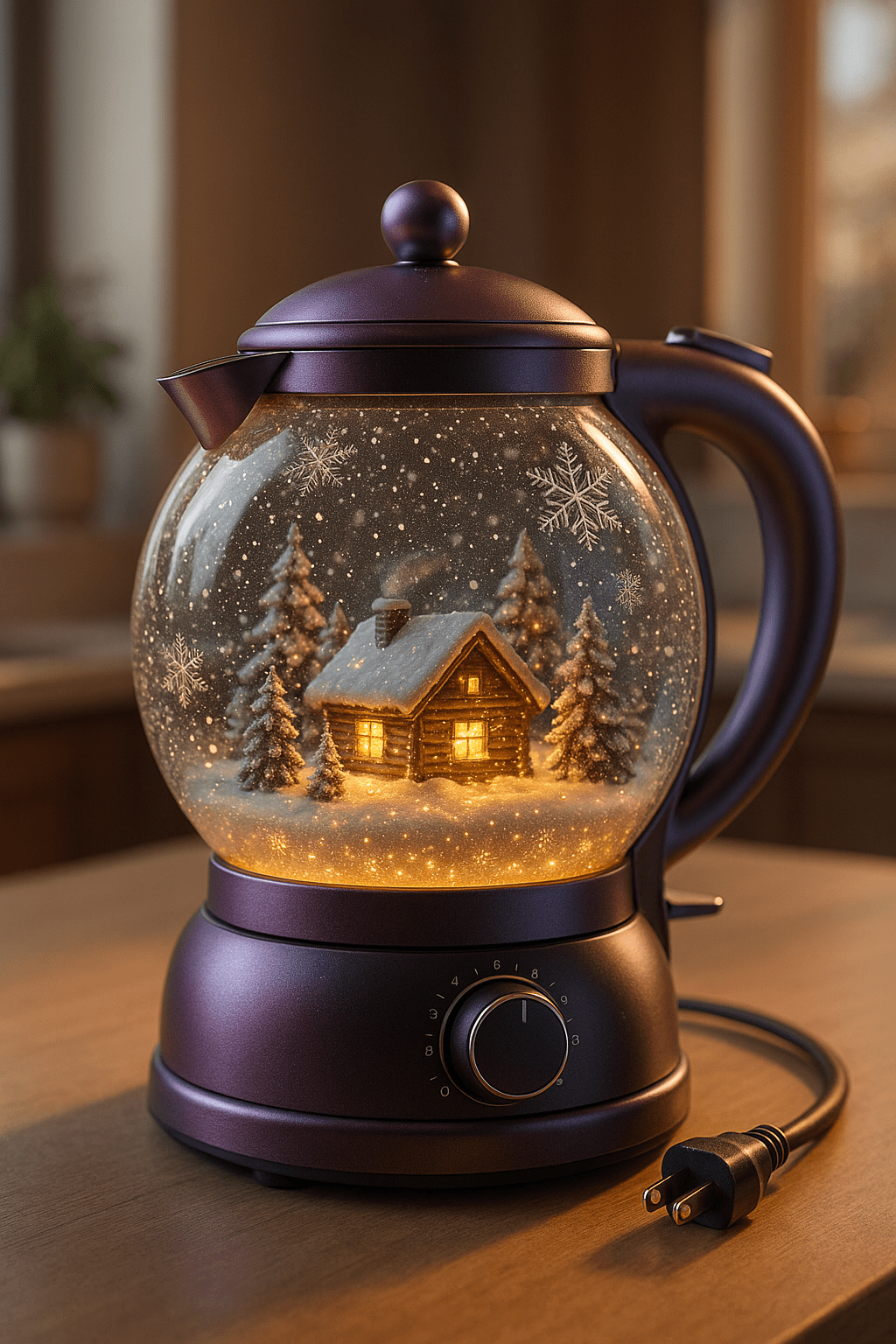 Plum-coloured snowglobe kettle featuring a glowing log cabin and snowy trees inside a glass dome.