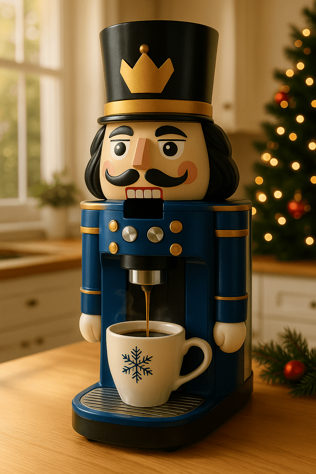 Blue Nutcracker Coffee Machine brewing coffee beside a Christmas tree with warm festive lighting