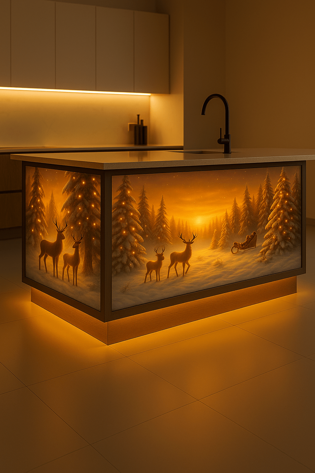 Illuminated Christmas kitchen island featuring reindeer among snowy pine trees under golden festive lighting.