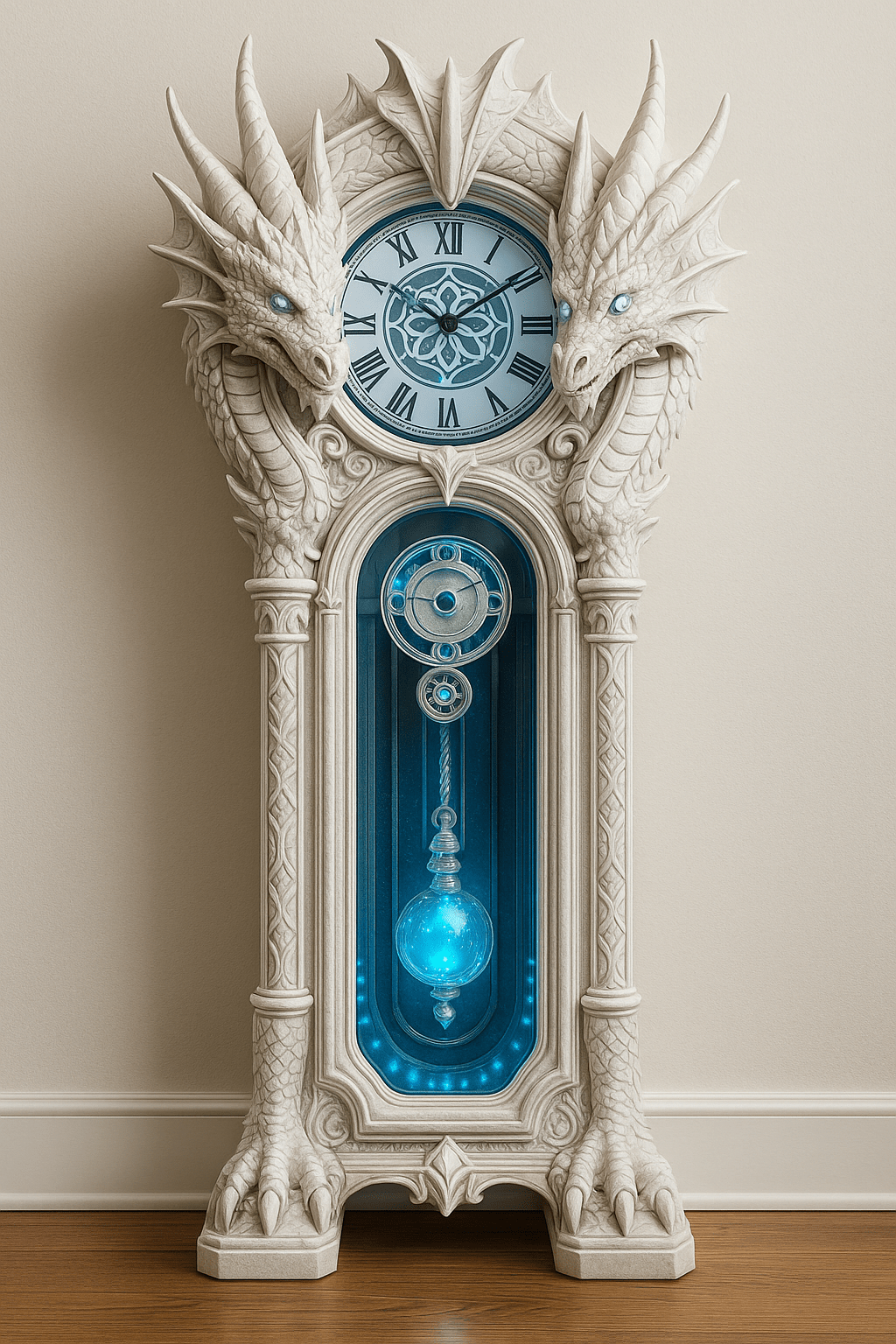 White dragon grandfather clock with soft blue light and frosted aesthetic design.