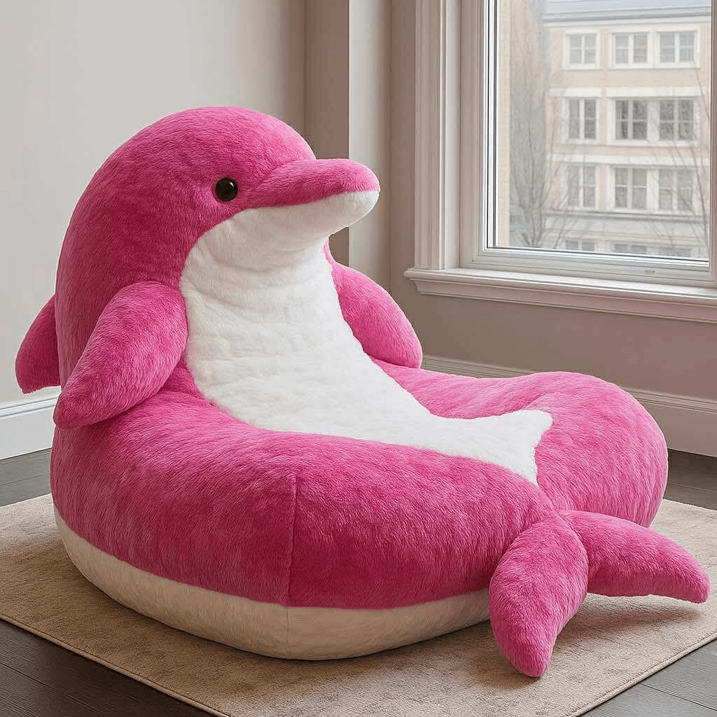 Vibrant pink dolphin-shaped armchair with white detailing in a contemporary living room