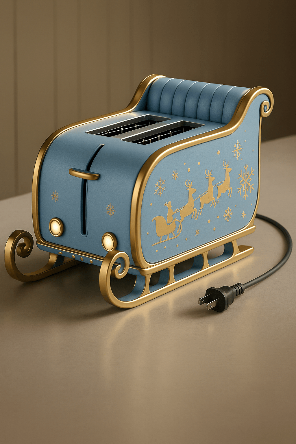 Light blue sleigh-inspired Christmas toaster featuring gold trim and snowflake engravings.