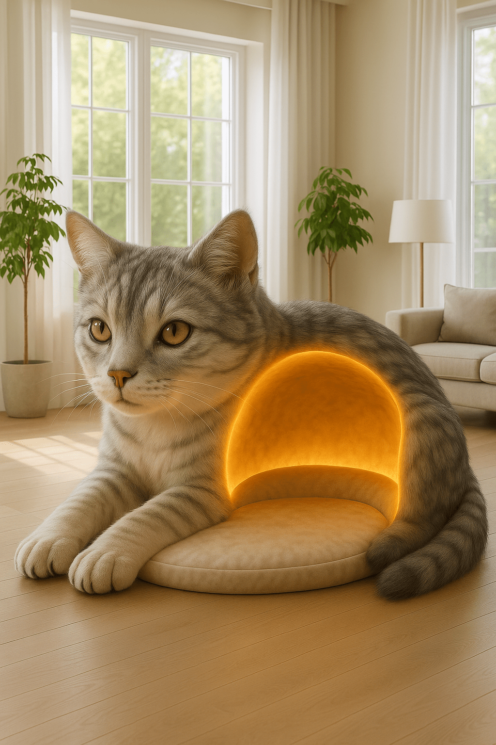 Silver tabby cat-inspired cave bed with glowing interior light in a modern home setting.