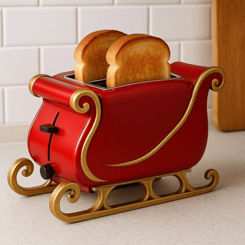 A red sleigh-shaped Christmas toaster with gold detailing, holding two slices of toasted bread on a modern kitchen counter.