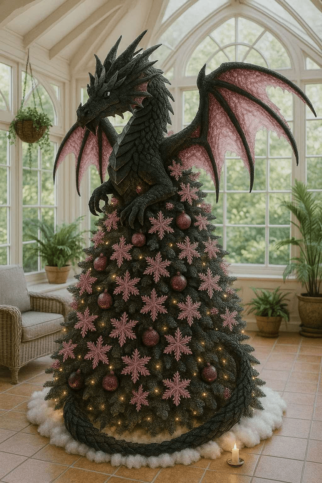 Black dragon perched on a Christmas tree decorated with pink snowflakes and crimson baubles in a conservatory