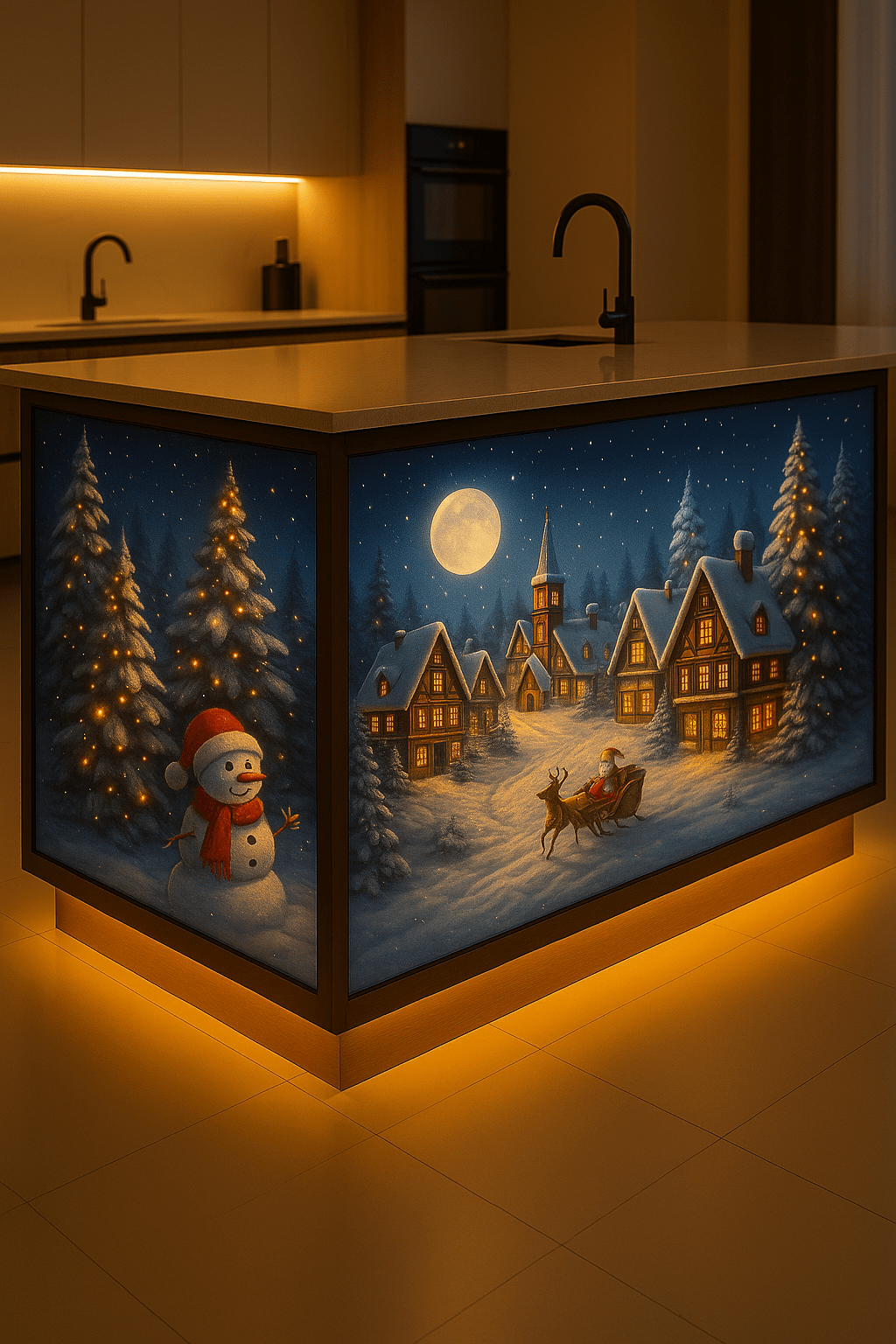 Christmas kitchen island with Santa’s sleigh, reindeer, snow-covered cottages, and a glowing full moon in a winter scene.