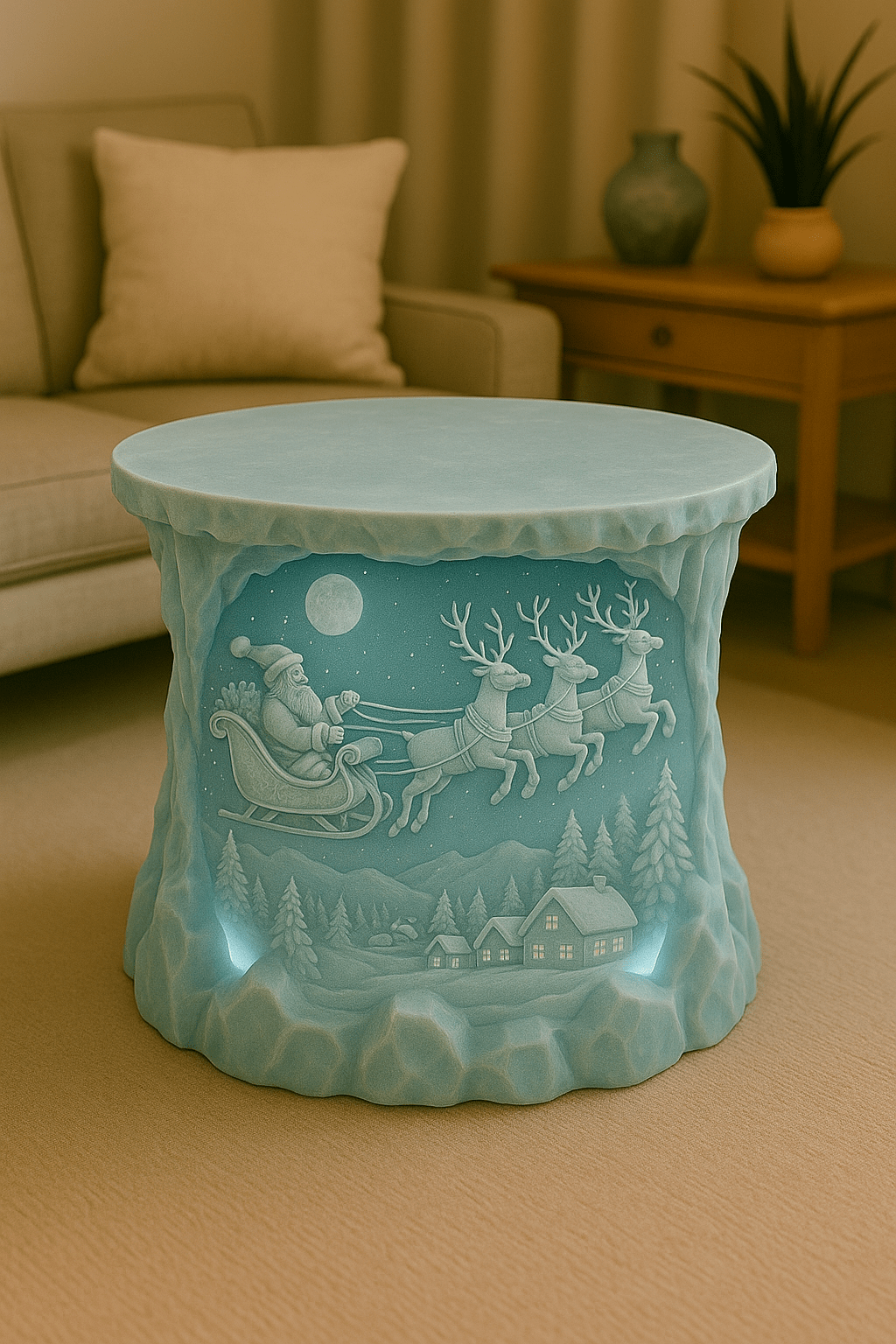 Illuminated frosted table depicting Santa’s sleigh and reindeer flying over a snowy village