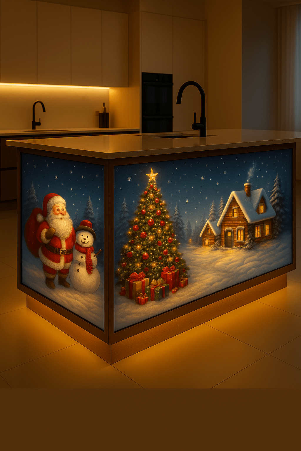Christmas kitchen island showing Santa, a snowman, glowing Christmas tree, and snowy cottages with golden lighting.