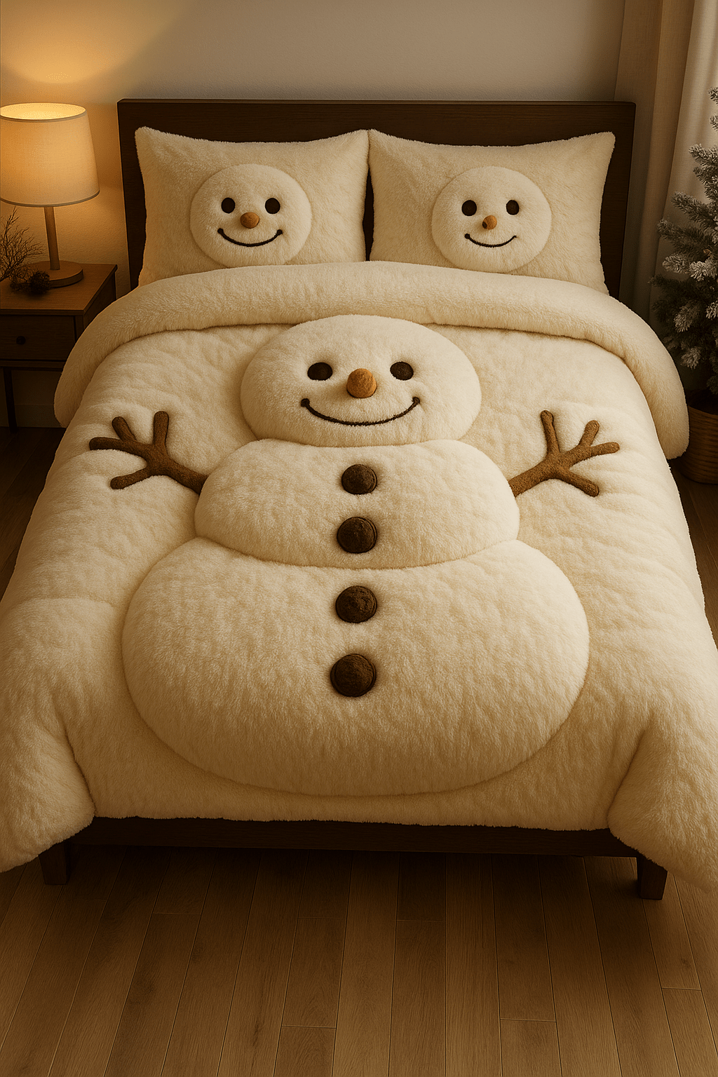 Cream-coloured plush snowman bedding set featuring padded 3D snowman details and cosy winter décor.