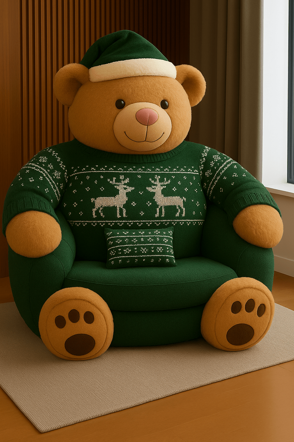 Green teddy bear armchair with reindeer-pattern jumper and Santa hat