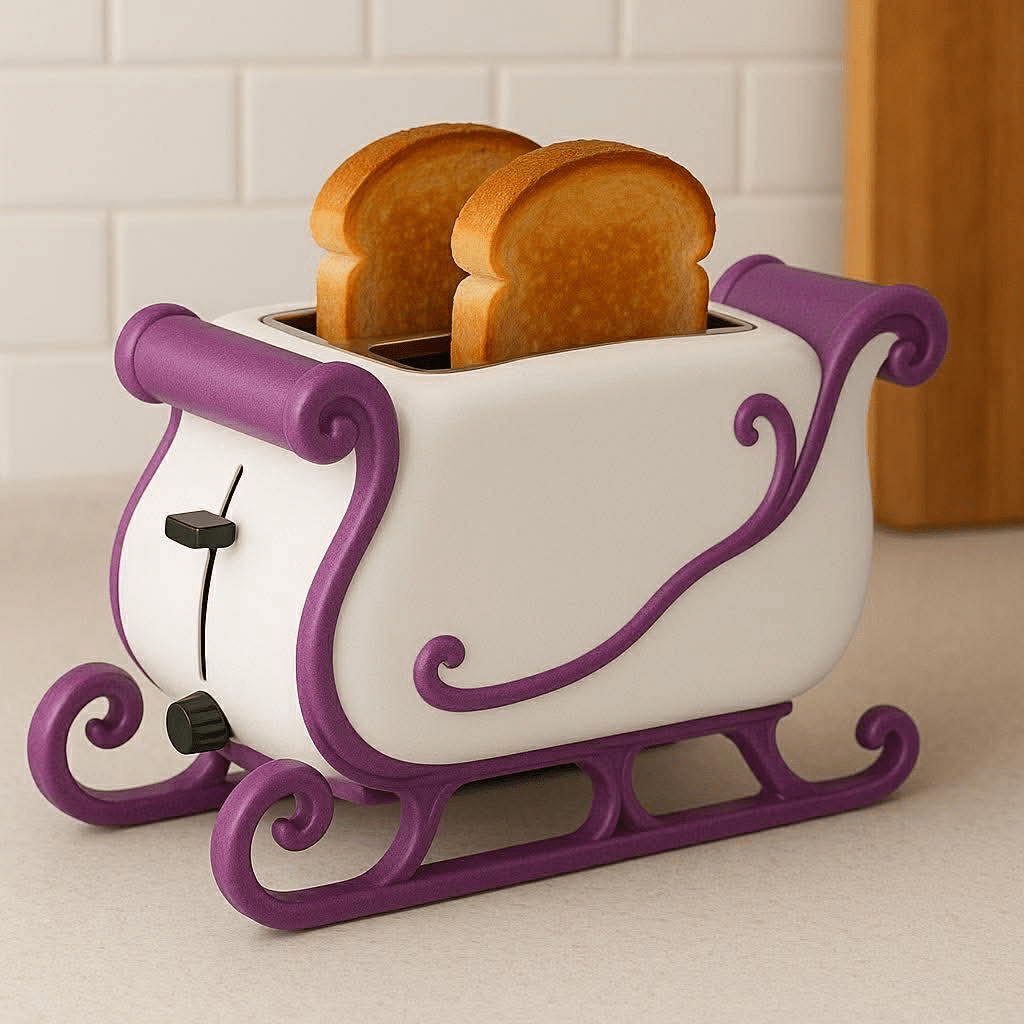 A white sleigh-themed toaster with purple trim, featuring two slices of toast in a bright kitchen setting.