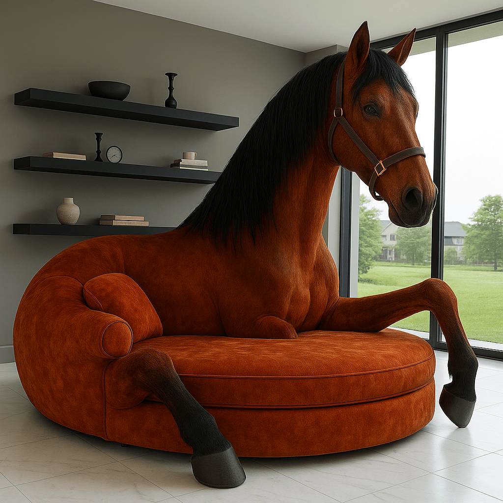 Burnt orange horse-shaped lounger chair with sculptural design in a contemporary home